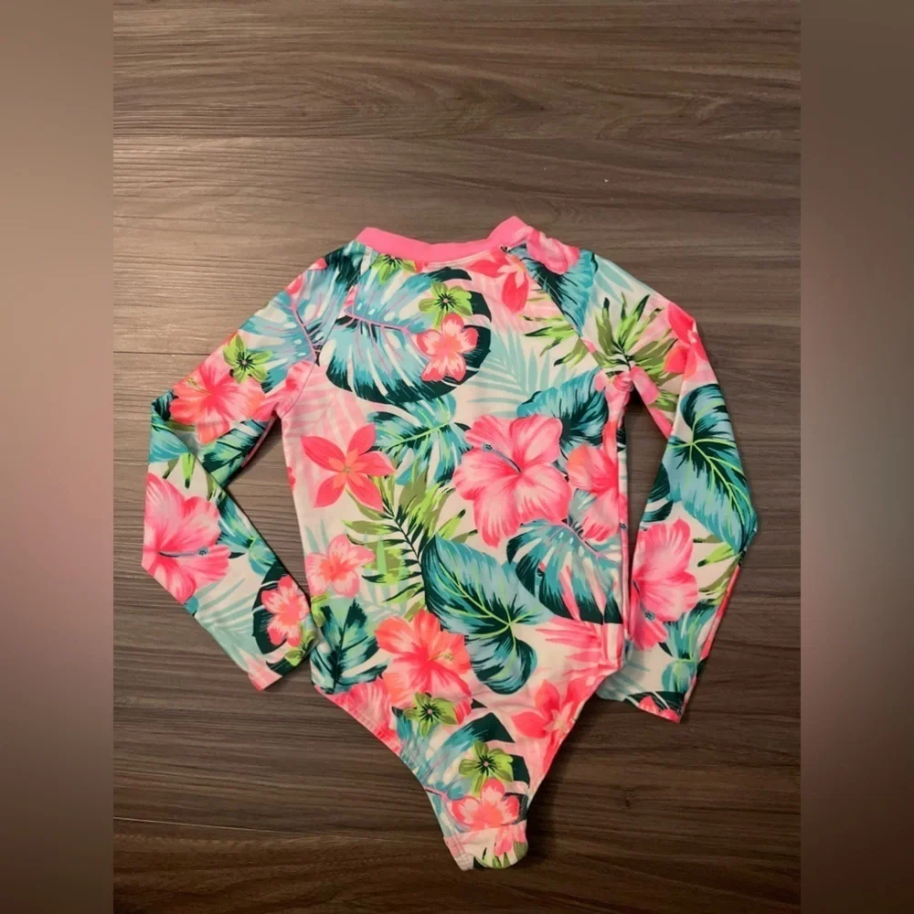 Wonder Nation Pink and Green Vibrant Floral Kids Rashguard one piece size 4T